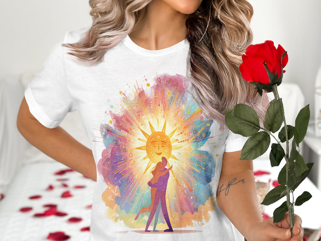 Romantic Couple Embracing Under a Radiant Sun Illustration