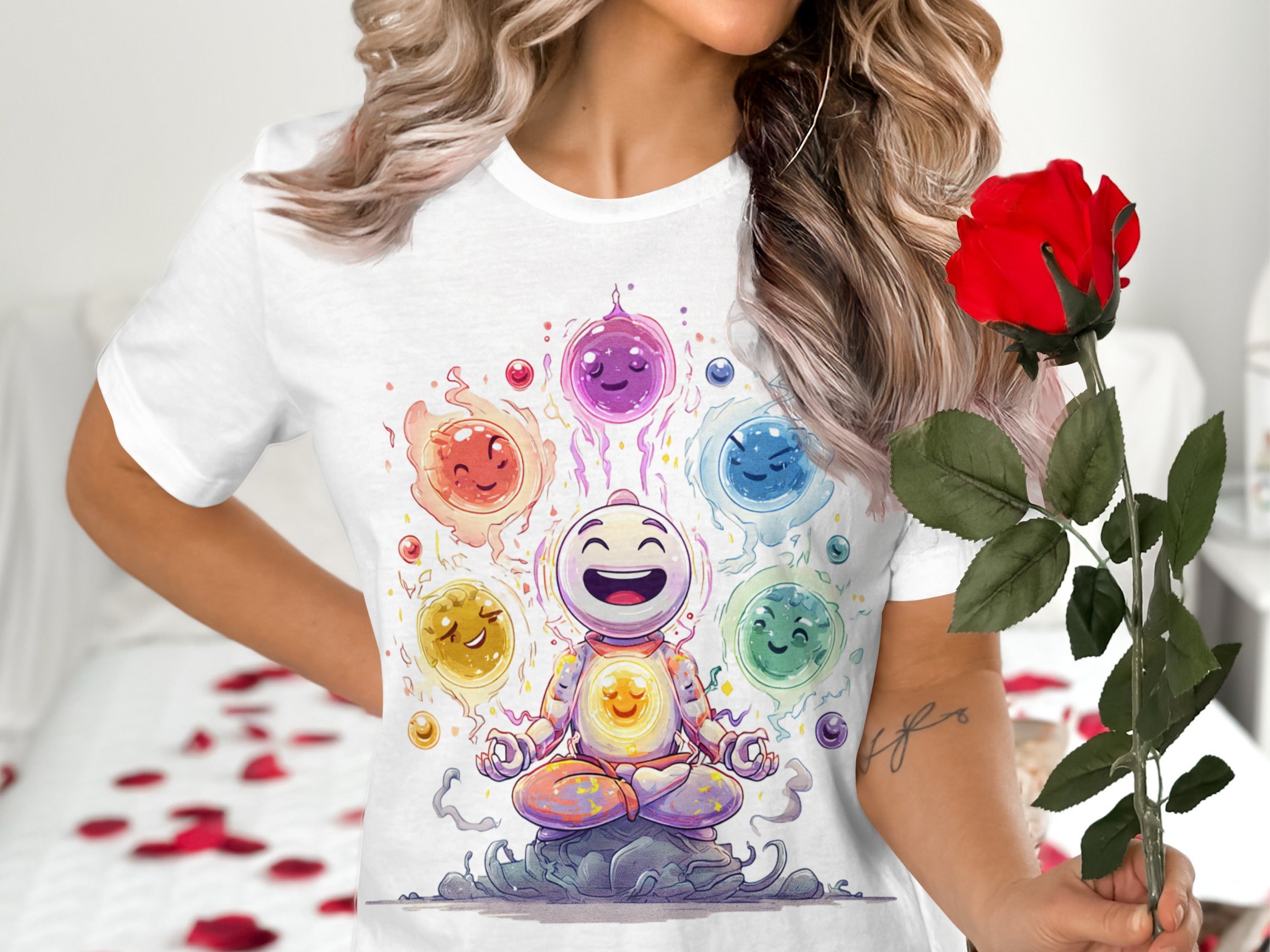 Whimsical Meditating Figure with Colorful Symbols Shirt