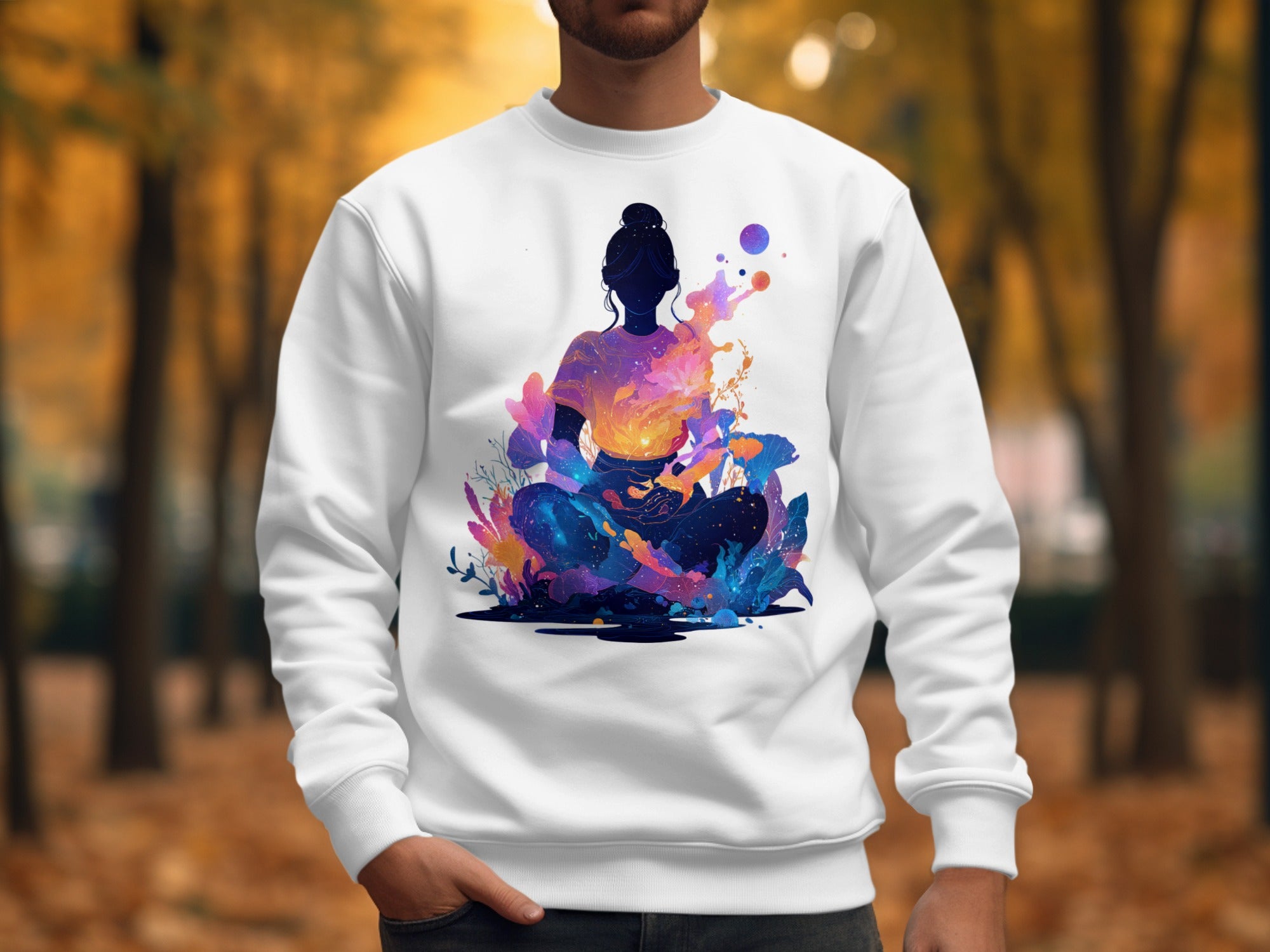 Colorful Meditative Design on White Sweatshirt Product