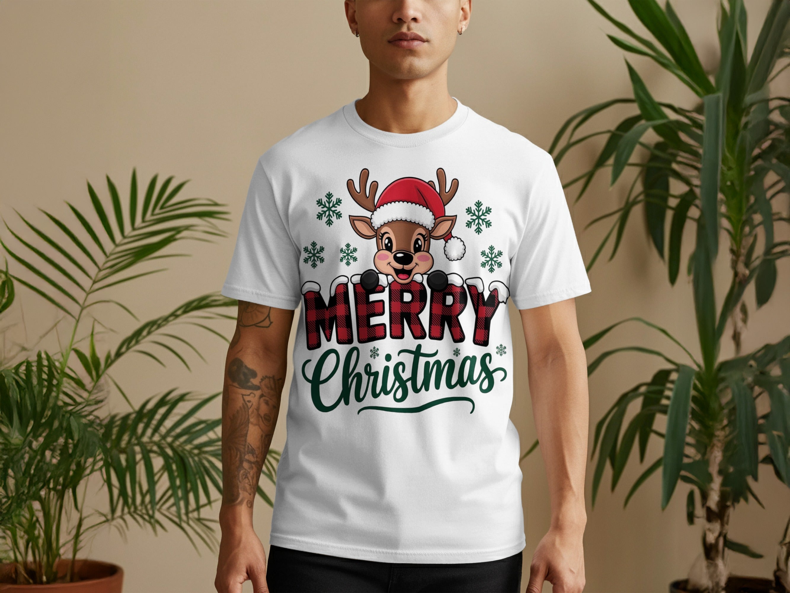 Festive Merry Christmas Reindeer Graphic Tee shirt