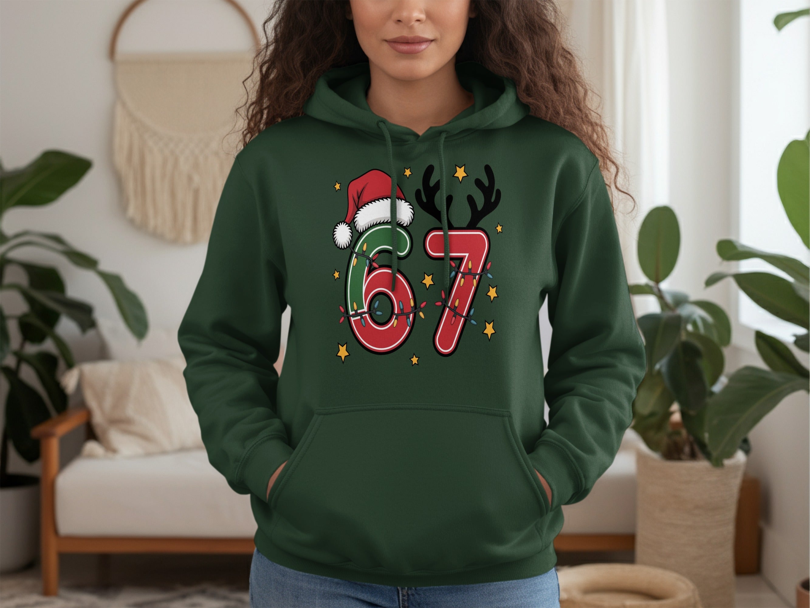 Festive Hoodie with Santa Hat and Reindeer Design