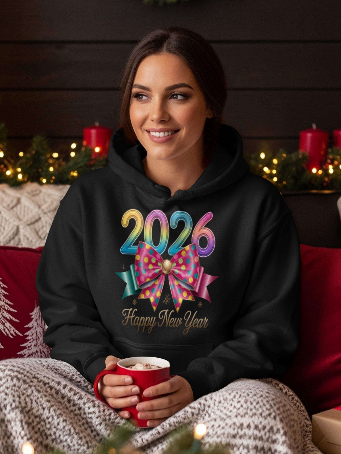 2026 Hoodie with Happy New Year Colorful Bow Graphic