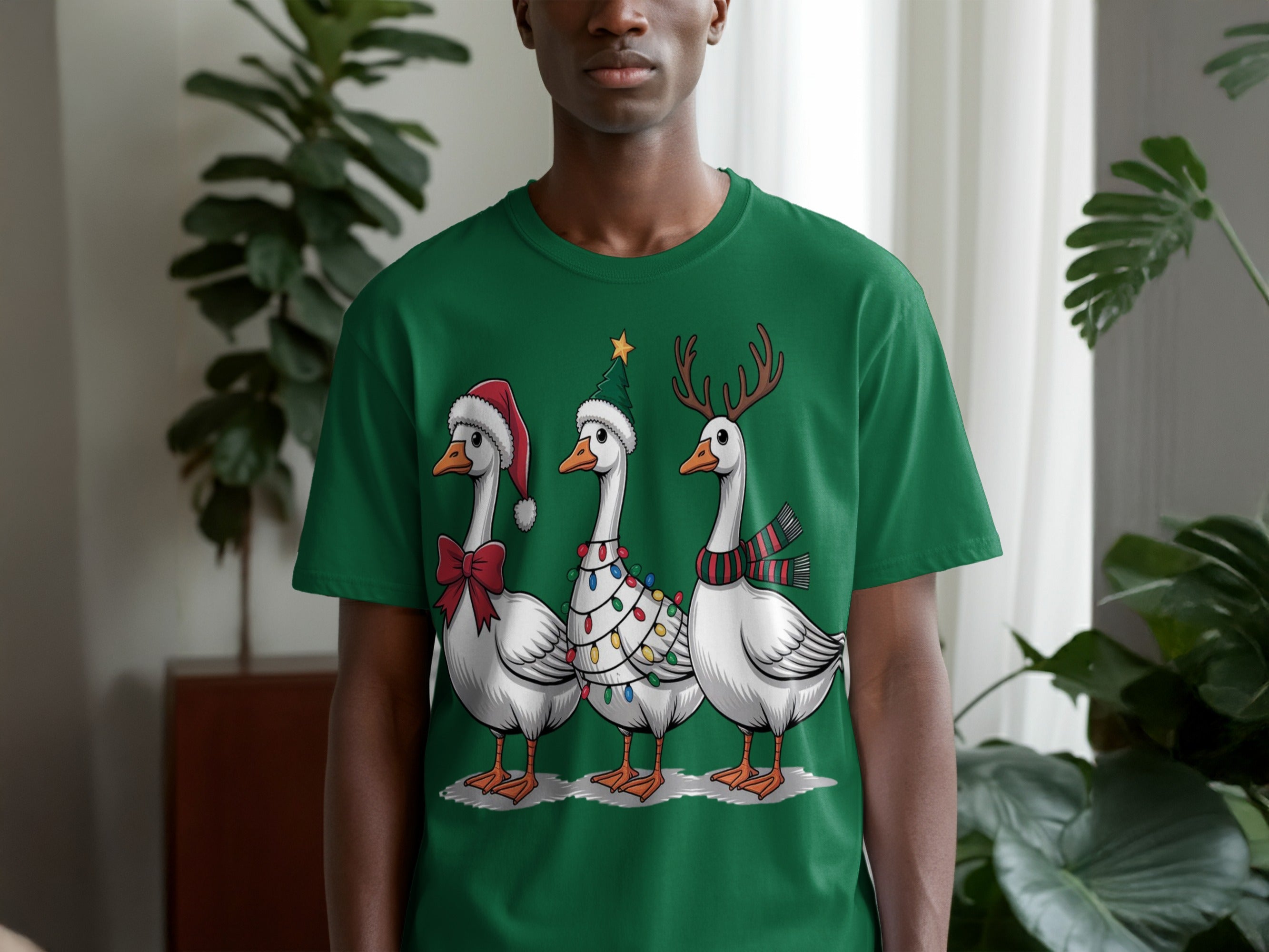Christmas Themed Geese Green Graphic T-Shirt
