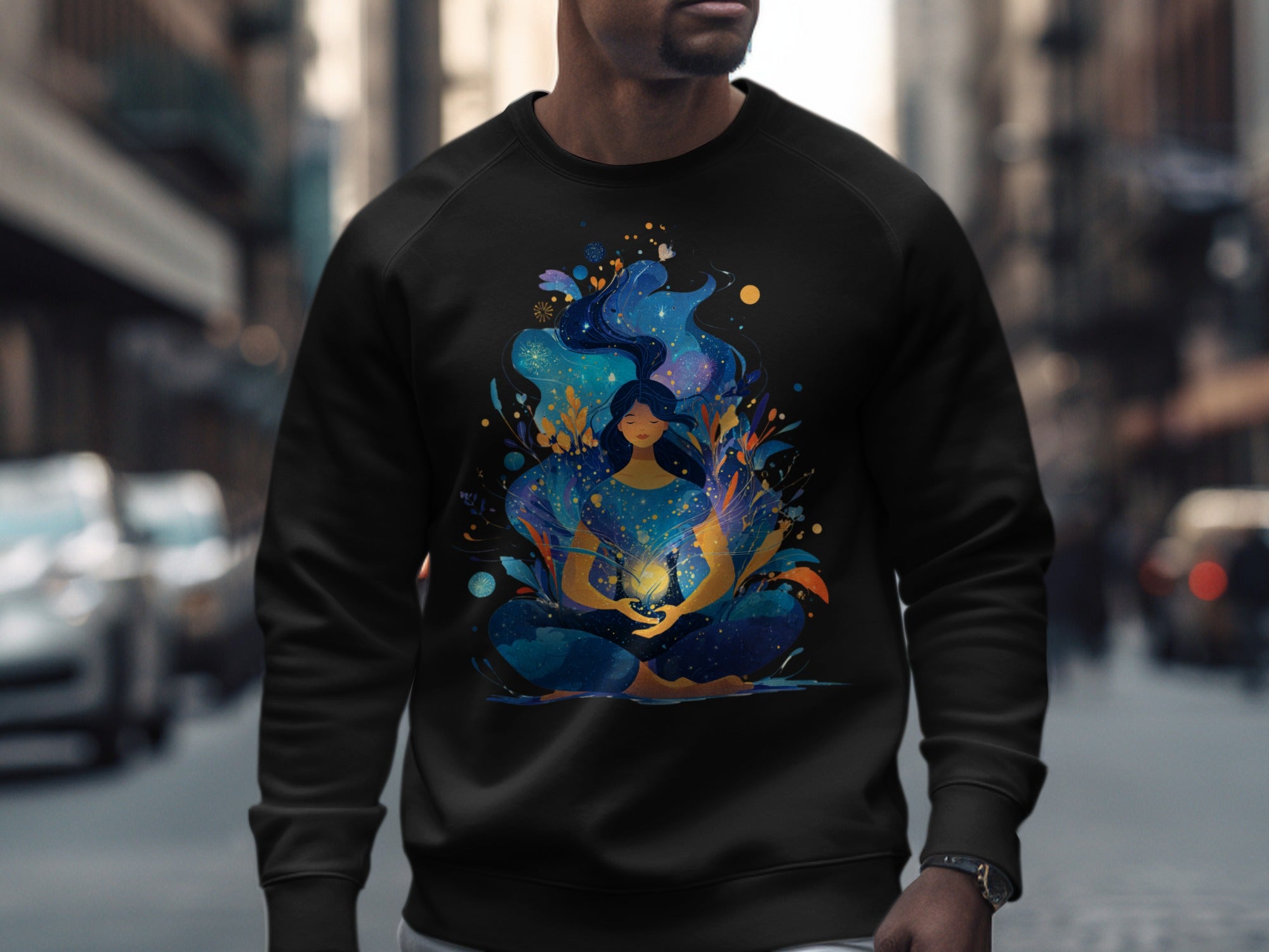 Meditating Woman with Cosmic Elements Sweatshirt