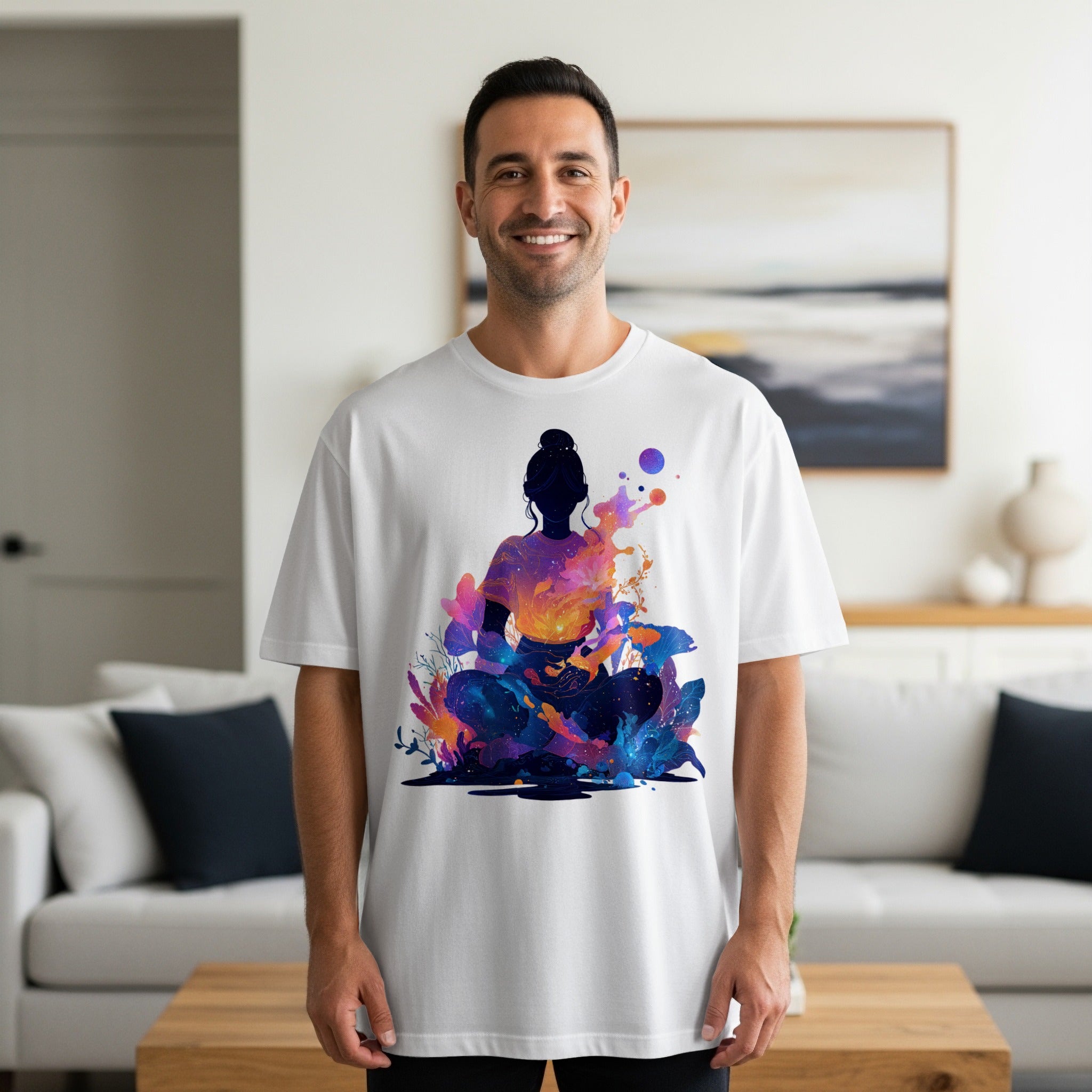 Colorful Meditative Yoga Art on White Shirt