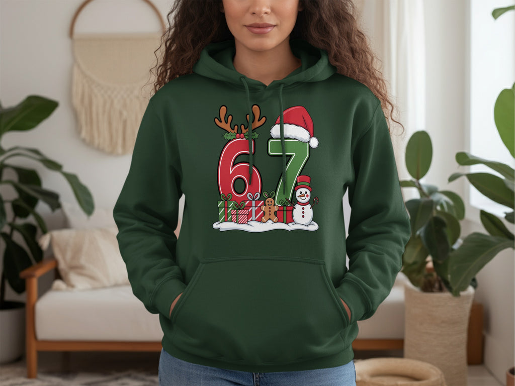 Festive Christmas Hoodie with Reindeer Snowman and Gifts