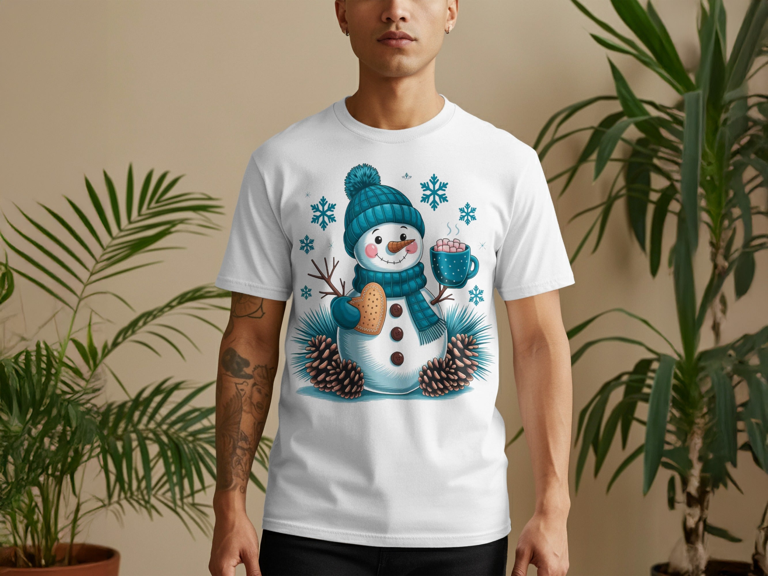 Festive Snowman Drinking Cocoa Graphic Print Shirt