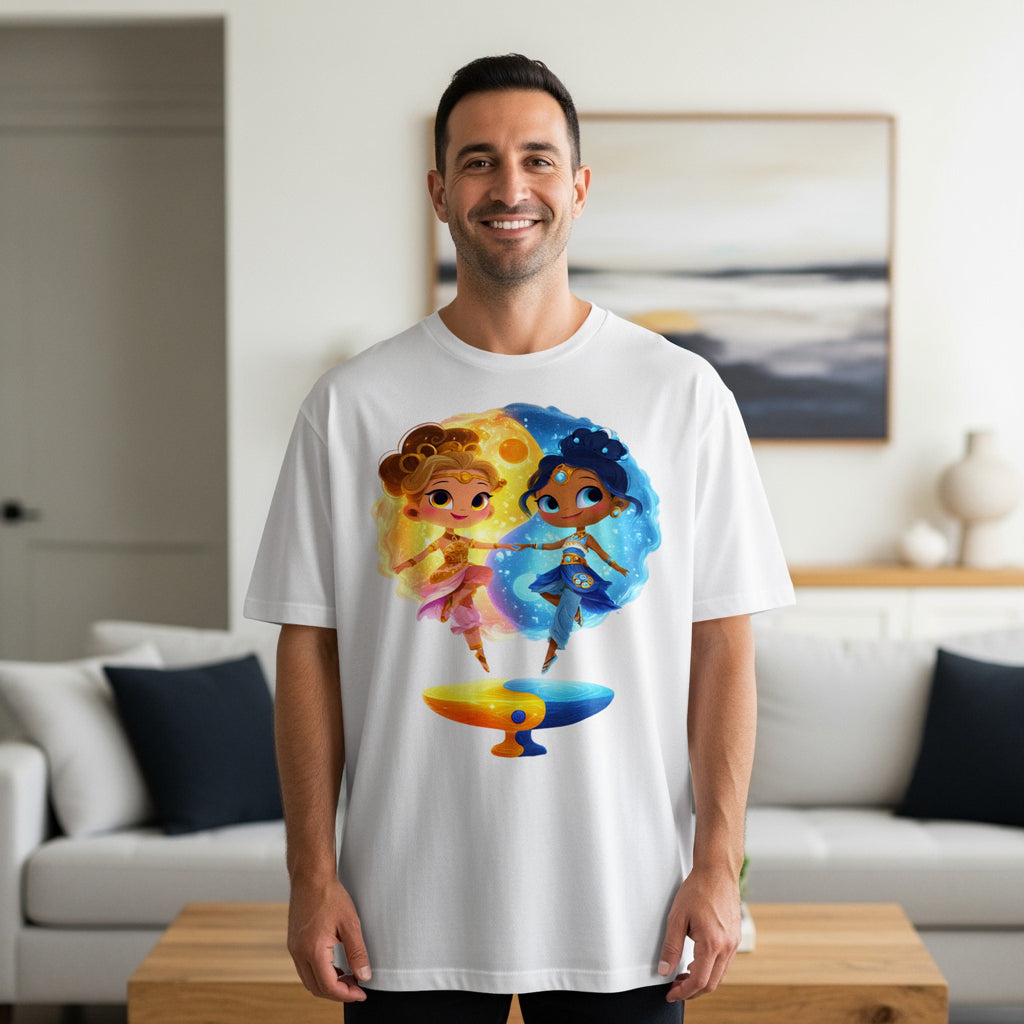 Colorful Characters Artwork on White Apparel
