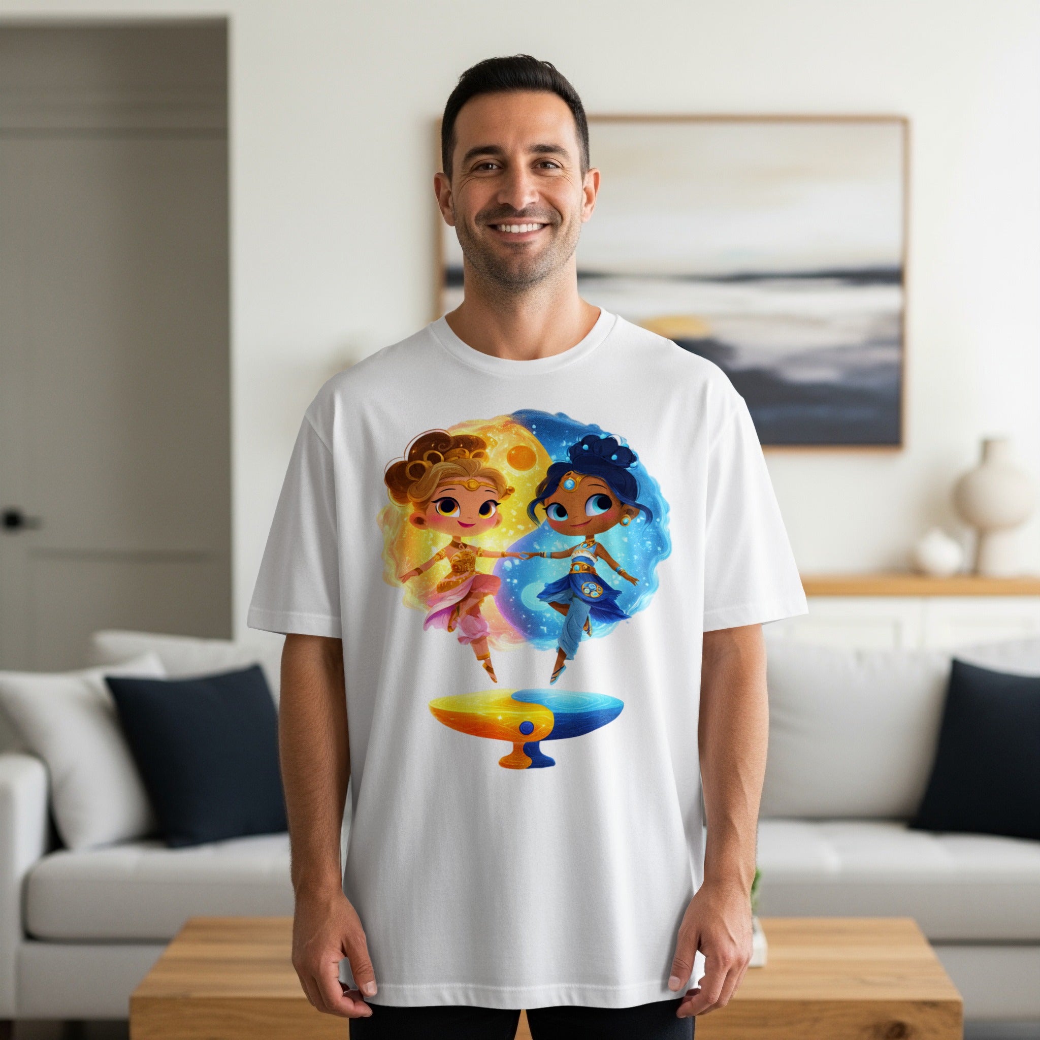 Colorful Characters Artwork on White Apparel