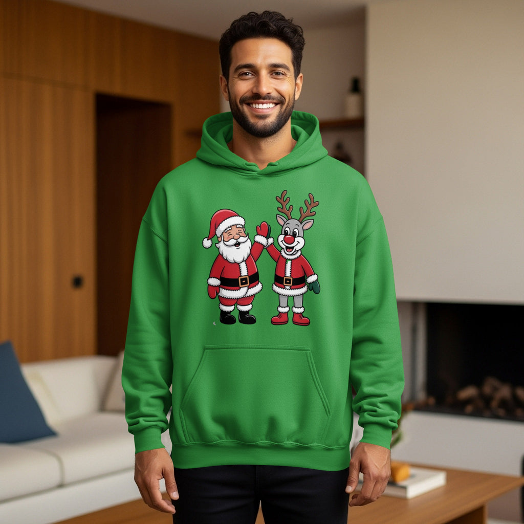 Jolly Santa and Cheerful Reindeer Green Hoodie