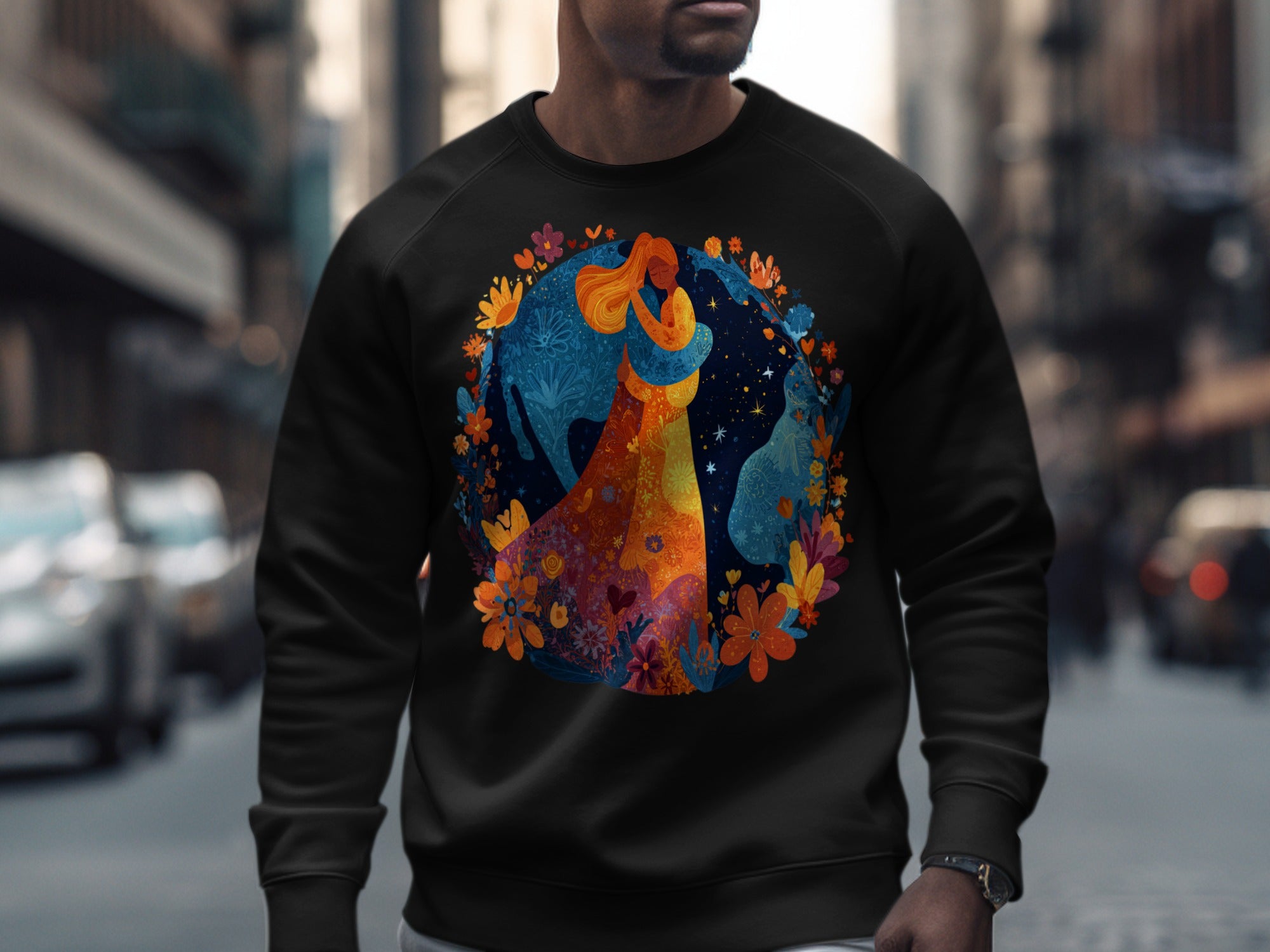 Vibrant Artistic Design Featuring Celestial and Floral Patterns Shirt
