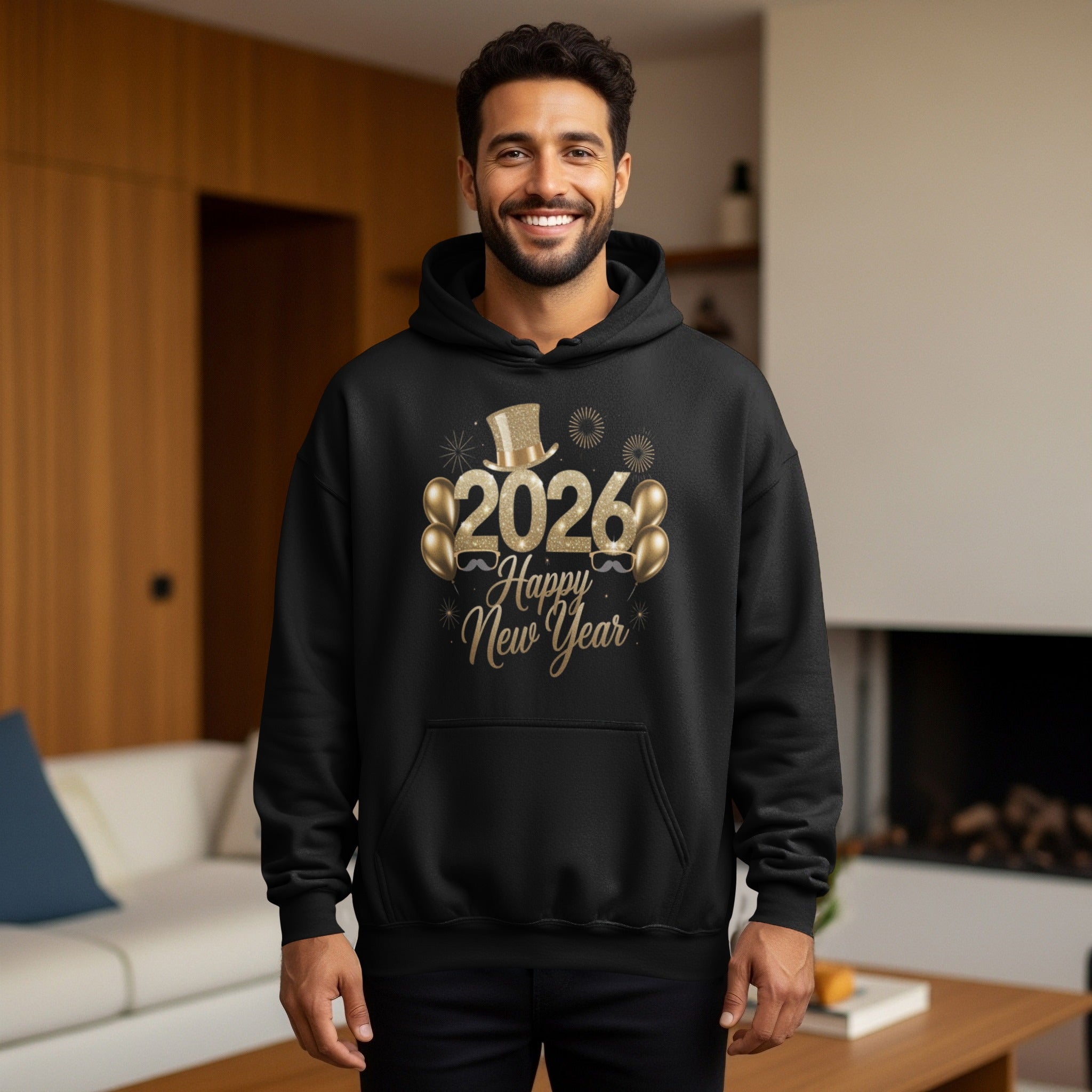 2024 Happy New Year hoodie with gold hat and balloons