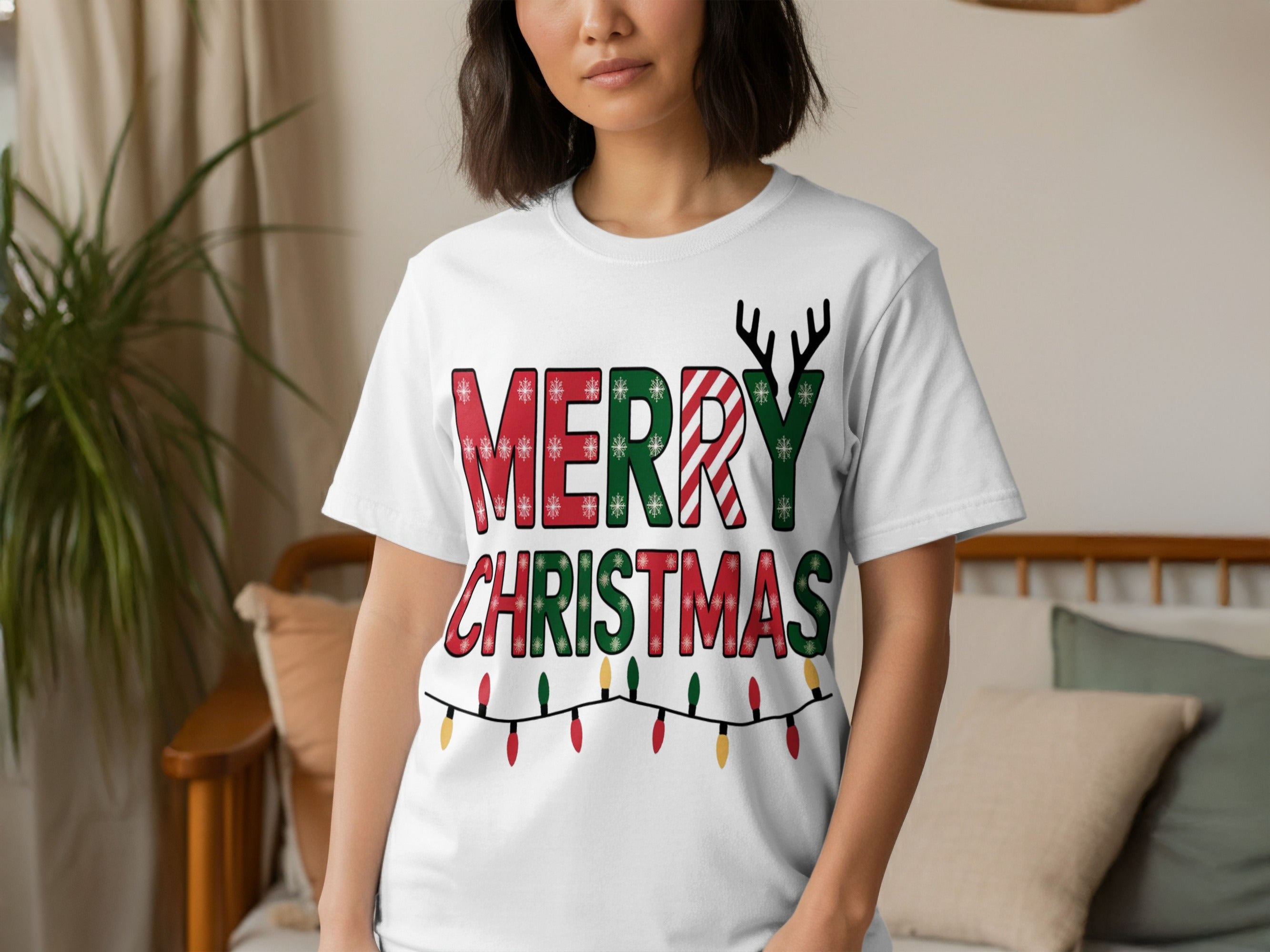 Festive Merry Christmas Tshirt with Colorful Lights