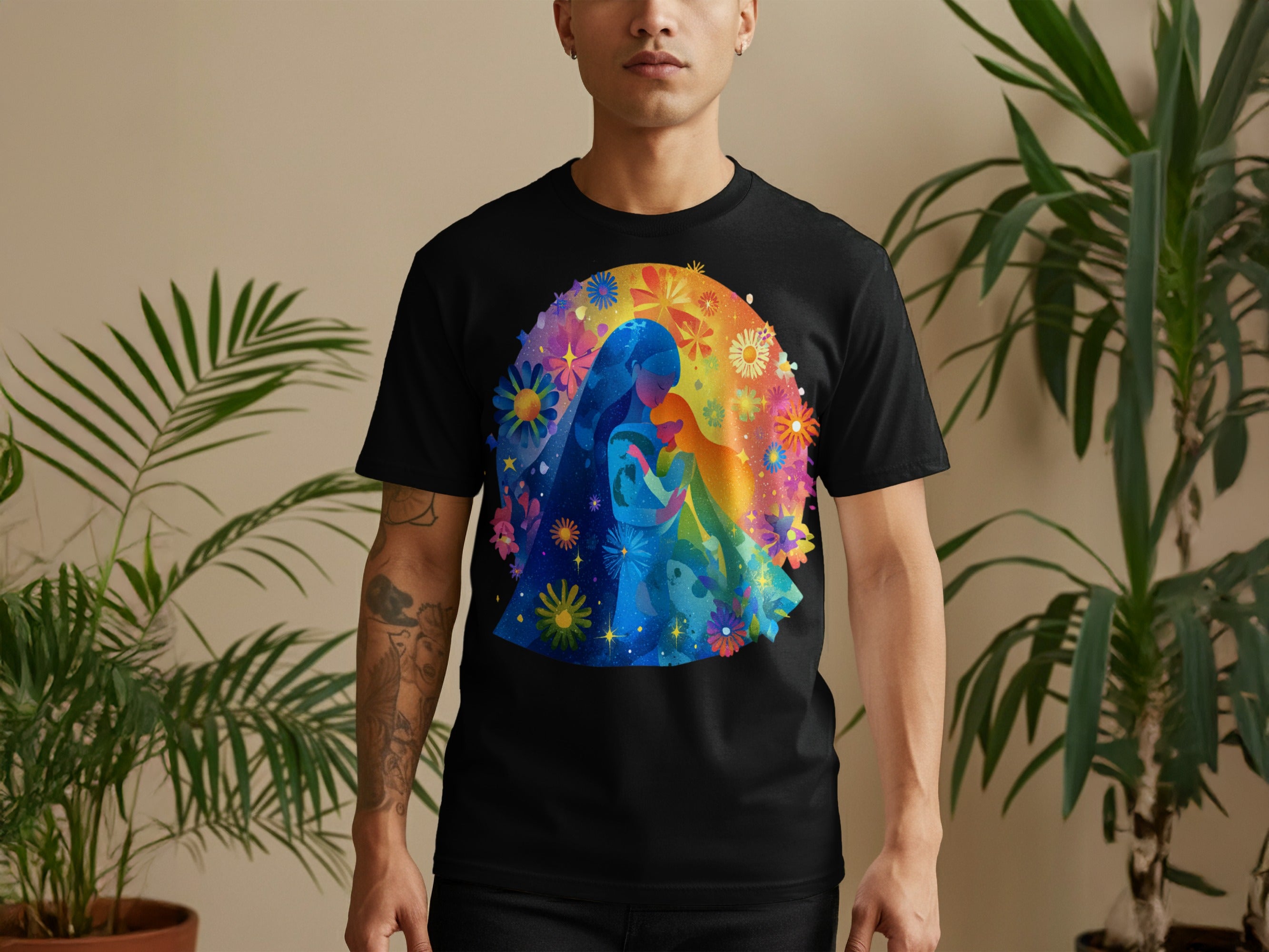 Colorful Mother and Child Floral Design T-shirt