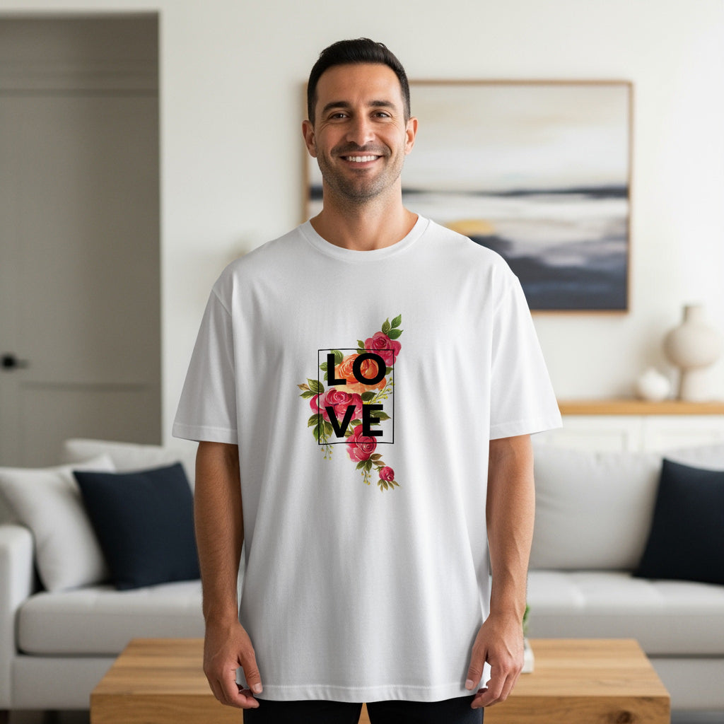 White T-shirt with Love and Floral Design