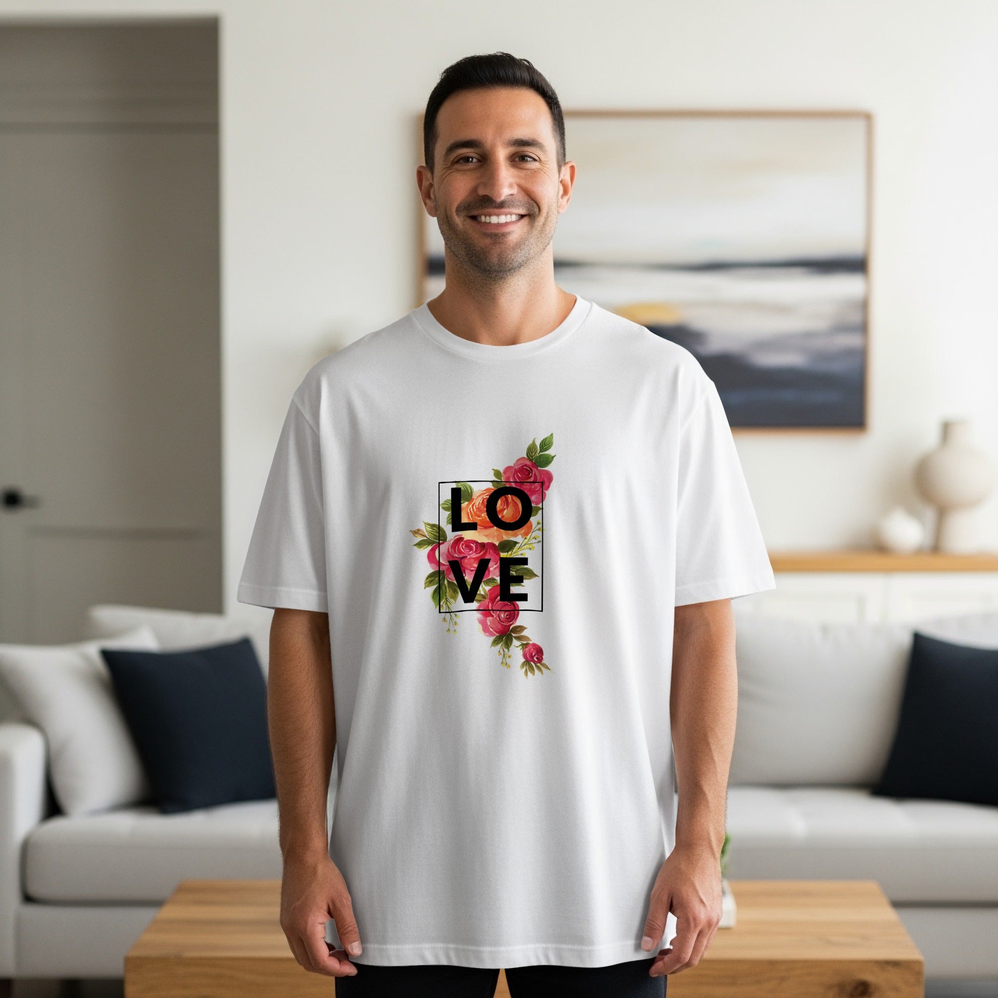 White T-shirt with Love and Floral Design