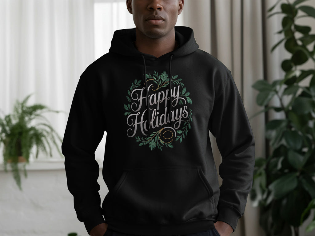 Happy Holidays Hoodie with Festive Wreath Design