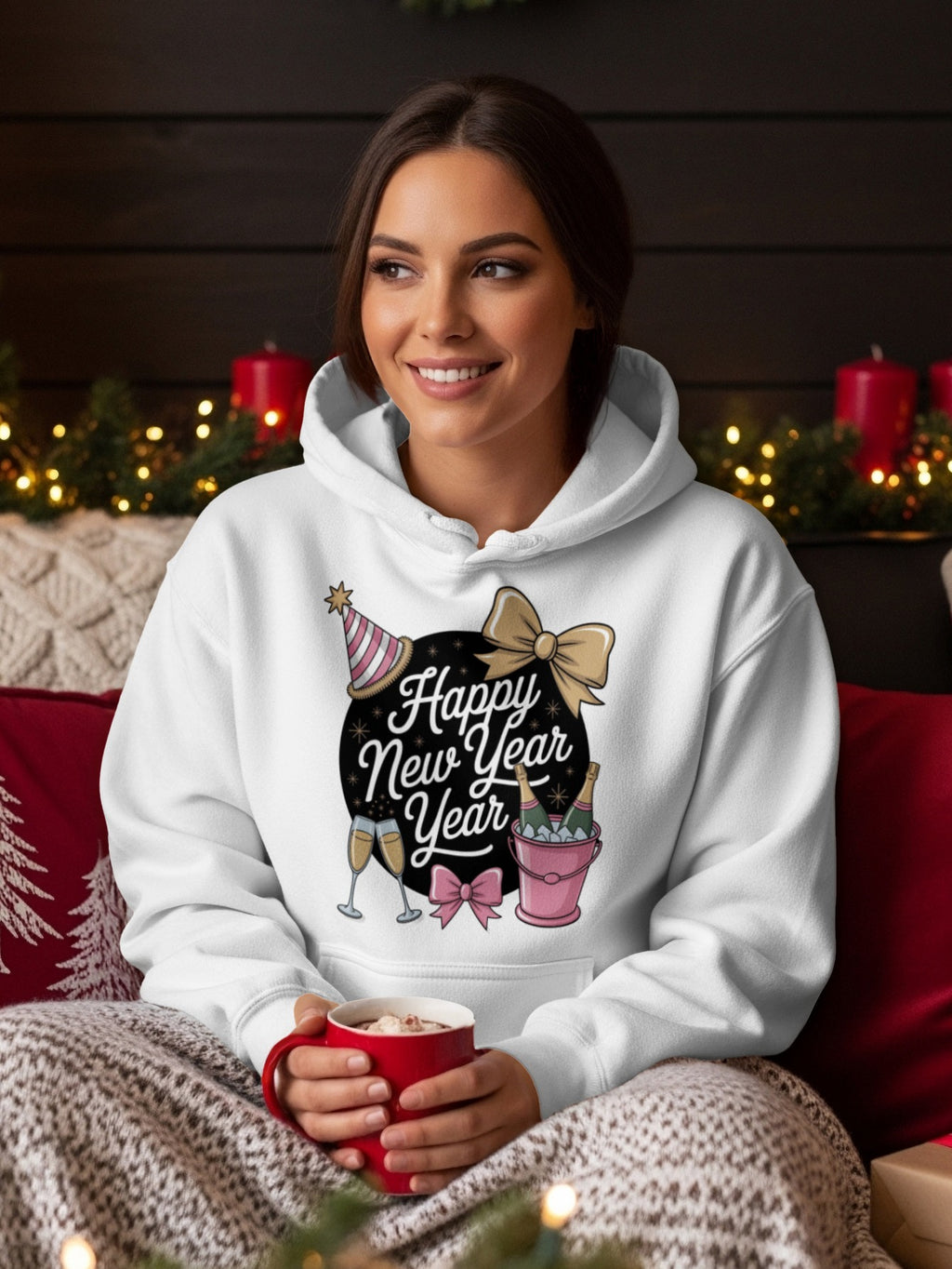 Festive Happy New Year Year Print Cozy Hoodie