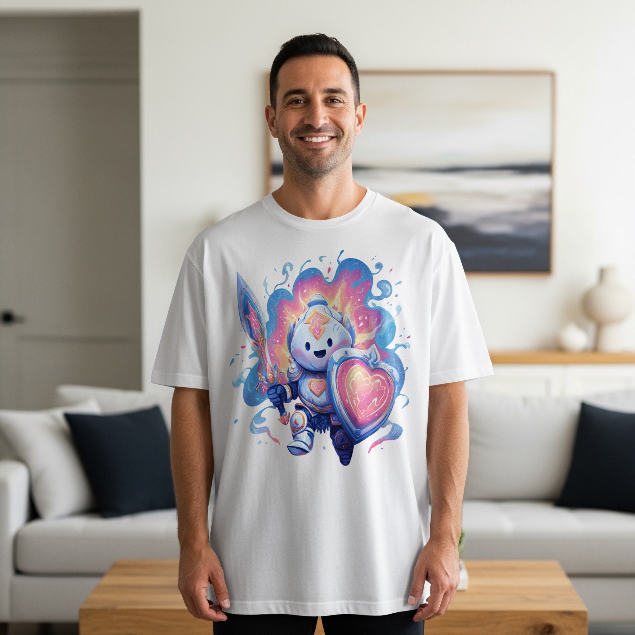 Colorful Cartoon Knight Design on White T-Shirt
