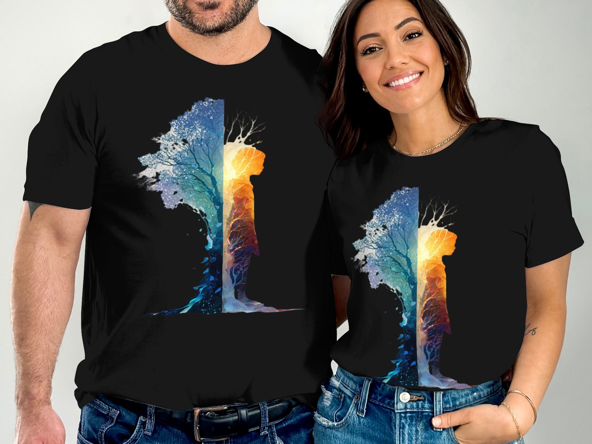 Matching Couple T-Shirts With Tree And Sunset Design