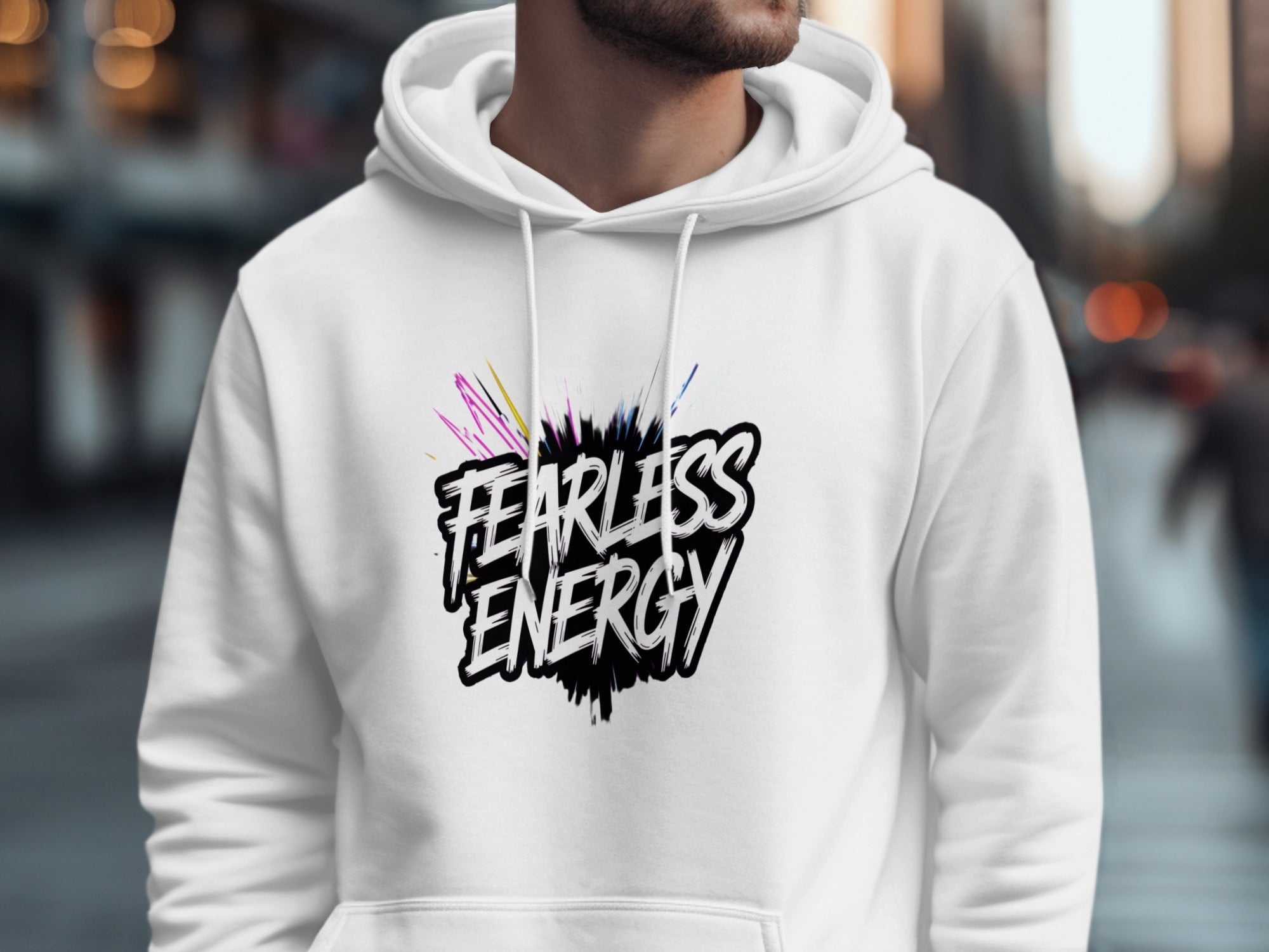 Fearless Energy White Hoodie with Bold Graphic Design