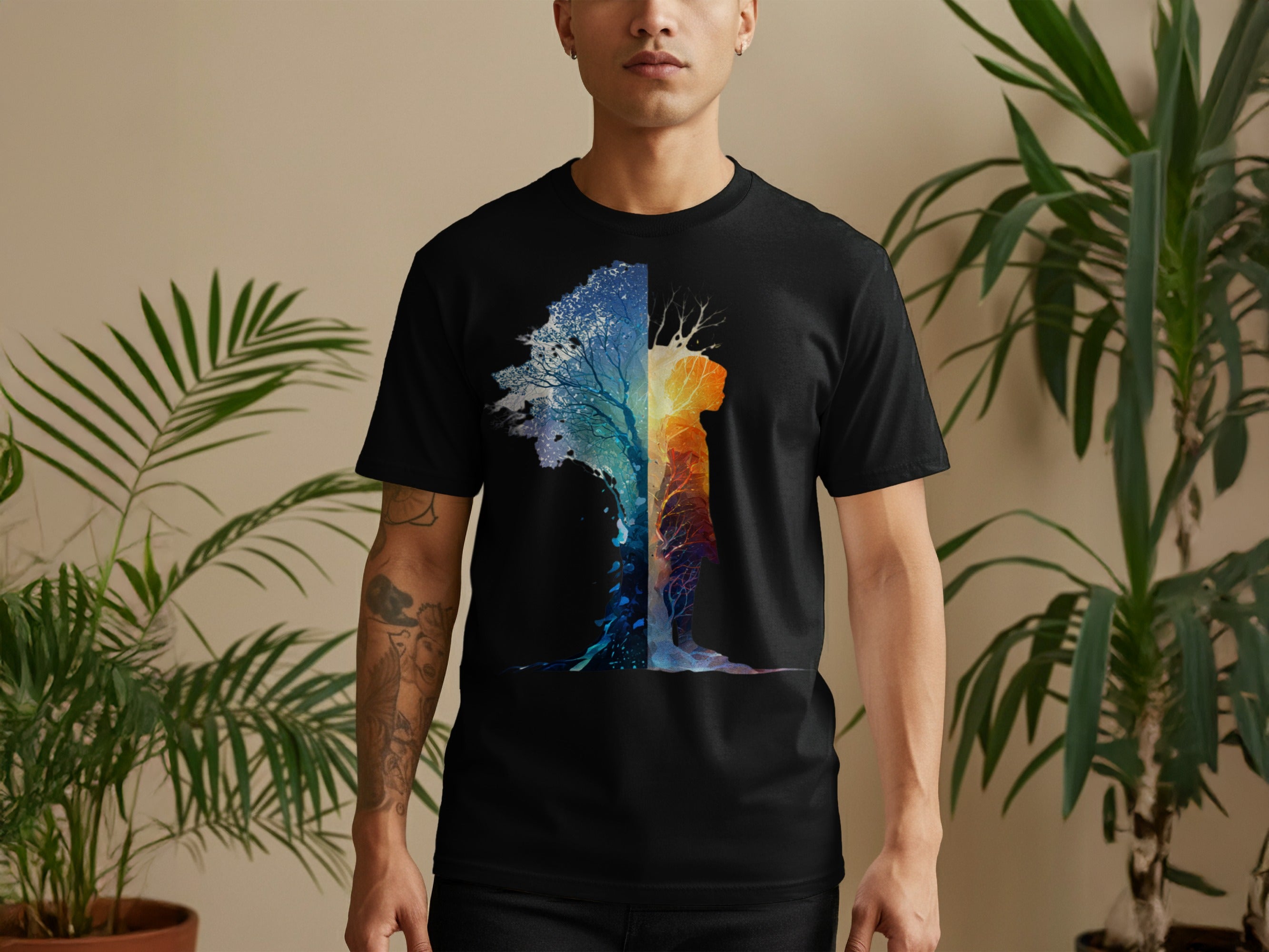 Tree Split Half Colorful Design Graphic T-shirt