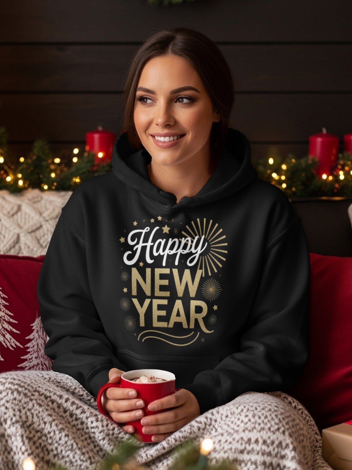 Happy New Year Text Fireworks Cozy Hoodie