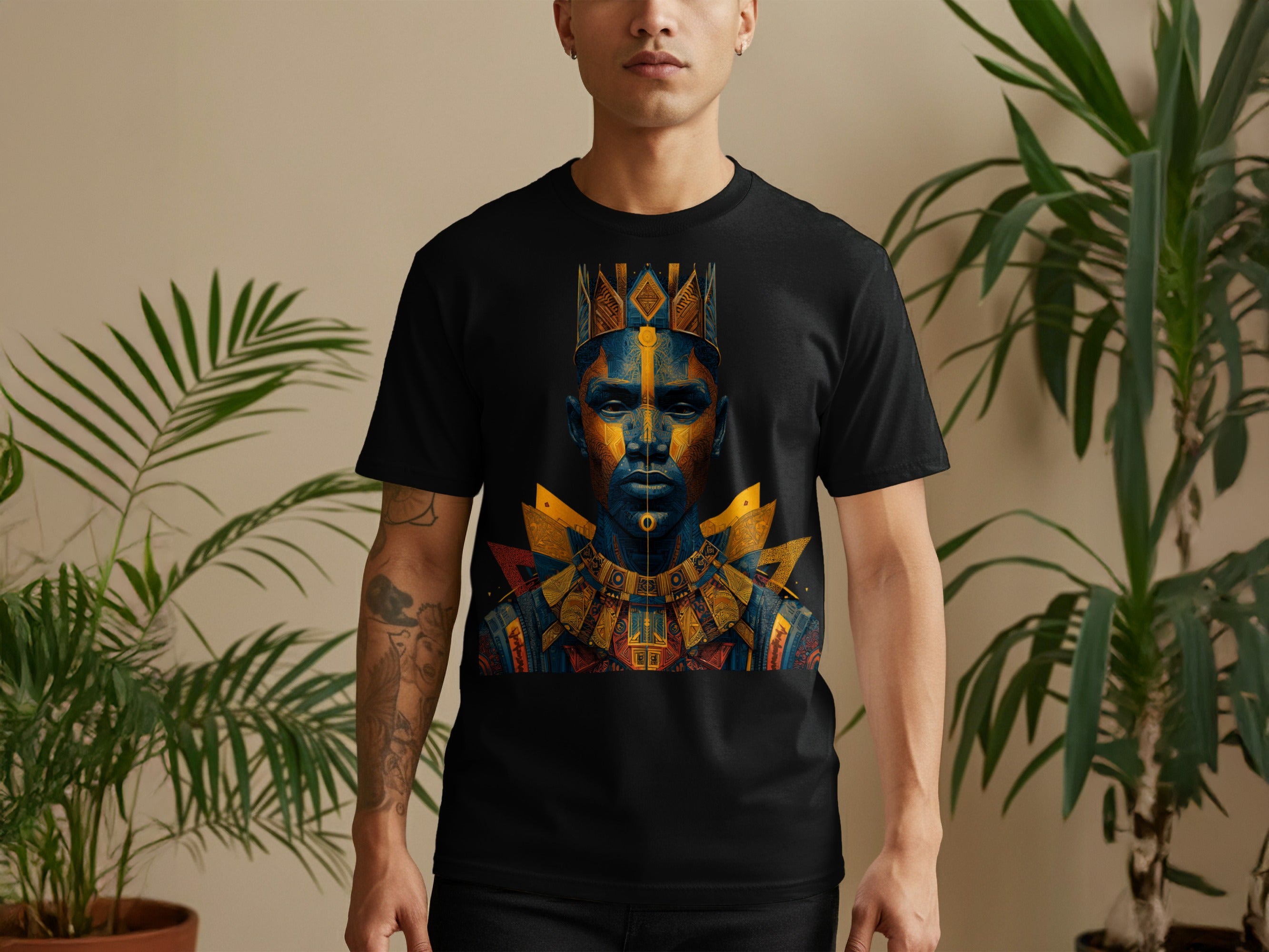Vibrant Tribal King Face Art on Black T-Shirt Product