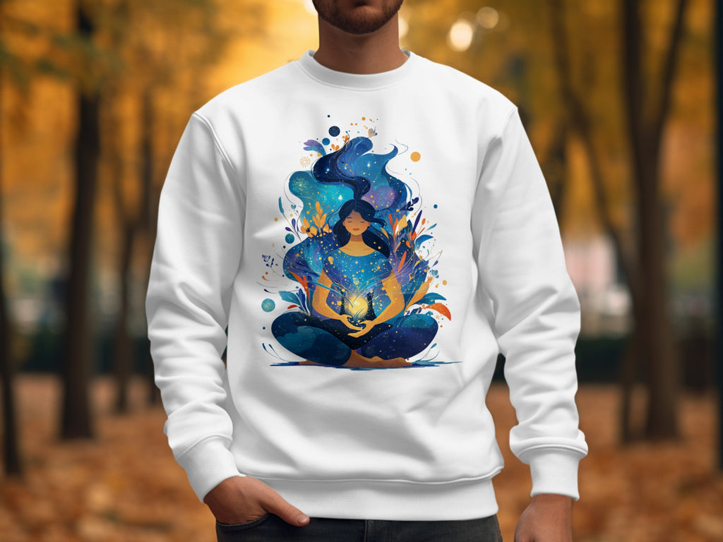 Meditative cosmic art sweatshirt for a serene lifestyle