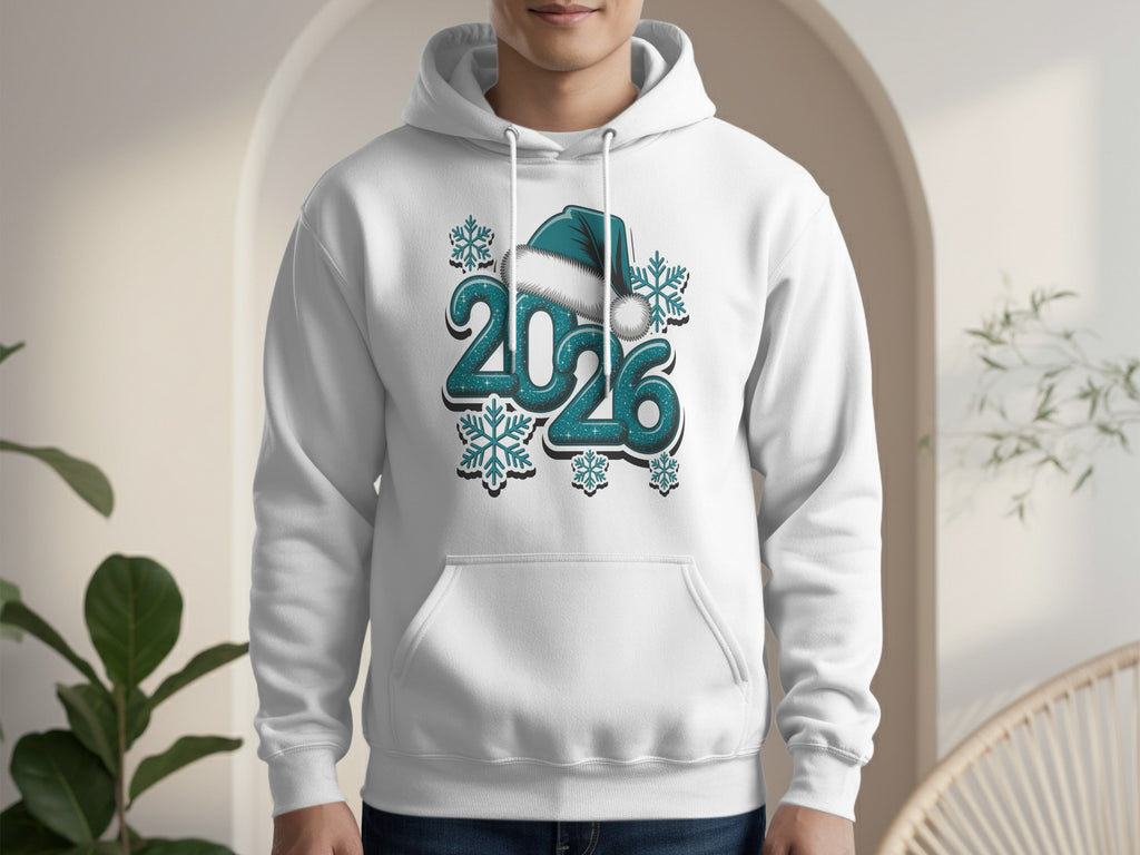 Stylish White Hoodie with Festive 2026 Winter Design