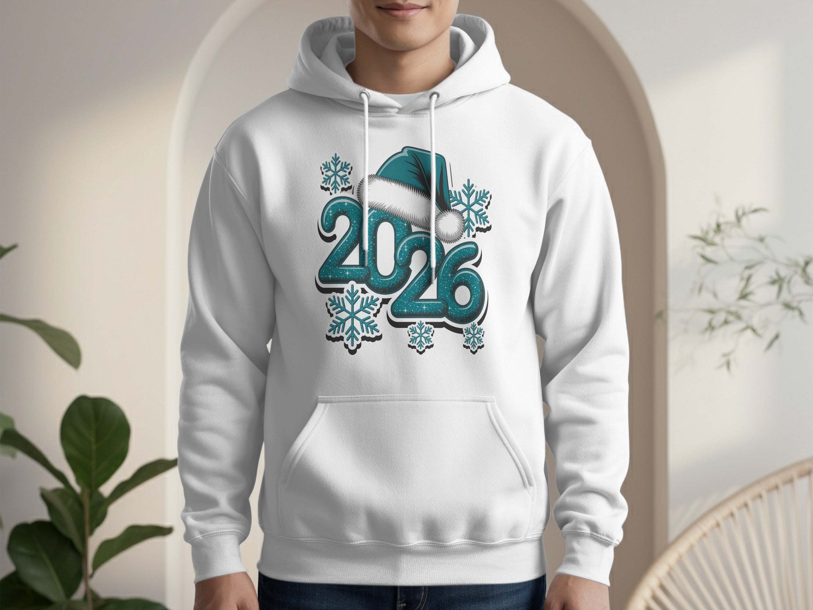 Stylish White Hoodie with Festive 2026 Winter Design