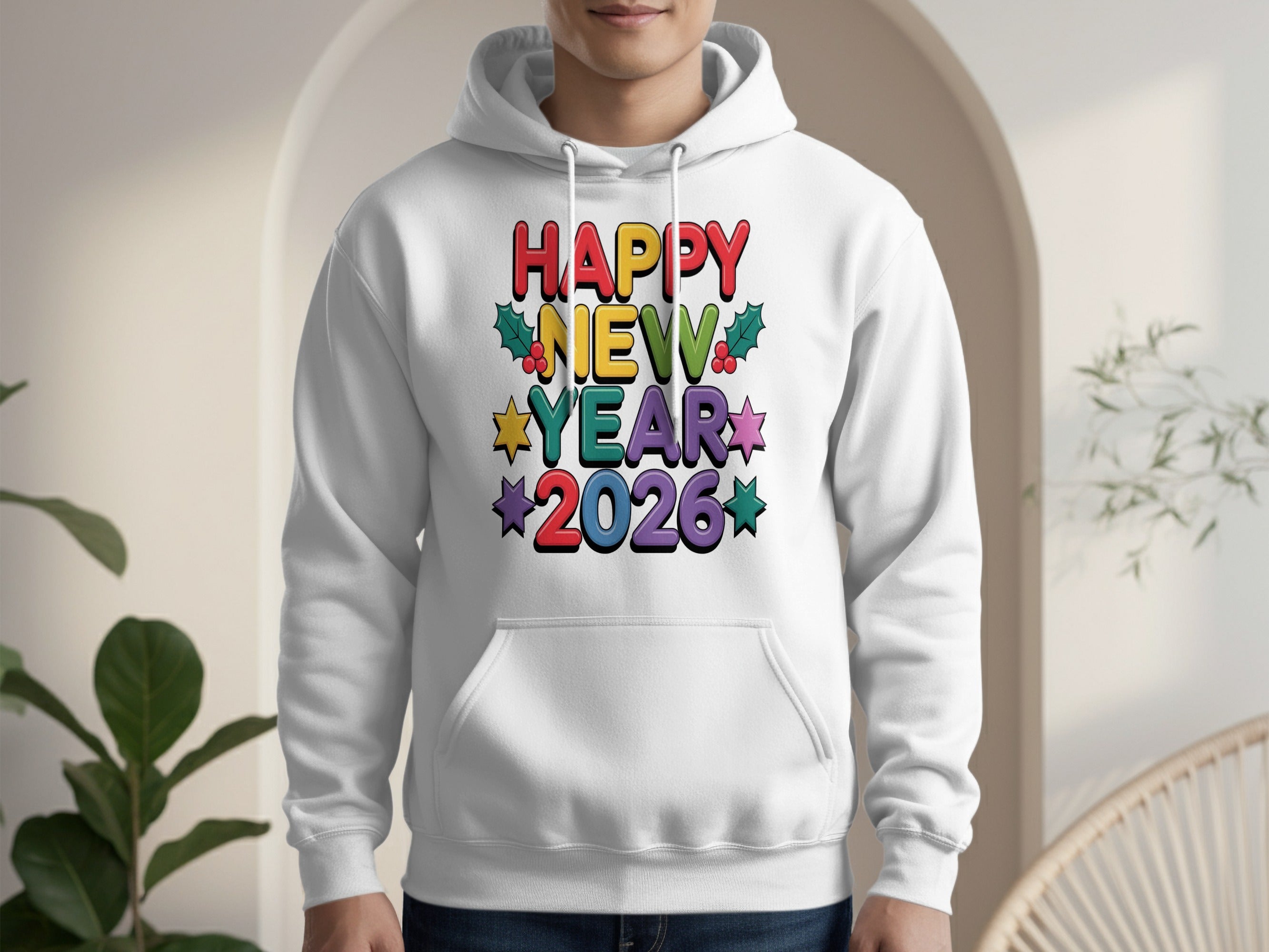 Happy New Year 2026 Hoodie with Colorful Stars and Holly